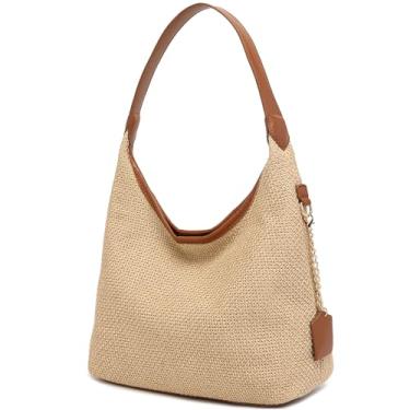 Imagem de Bolsa de ombro de palha para mulheres, bolsa de ombro de tecido macio, bolsa de praia de palha para férias, Cáqui, Medium, Bolsa de ombro feminina de palha para praia