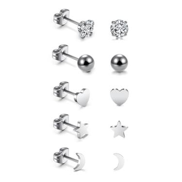 Imagem de GEHECRST 5 pares de brincos femininos hipoalergênicos de aço inoxidável com costas planas e cartilagens múltiplas, lua, estrela, coração, conjunto de joias, Small, Aço inoxidável, Sem Pedra Preciosa