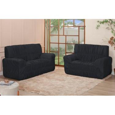 Imagem de Kit Capa para Sofá 3 e 2 Lugares, Malha Gel Poliéster, 21 Elásticos, Ajuste Coladinho, Estilo Contemporâneo (PRETO)
