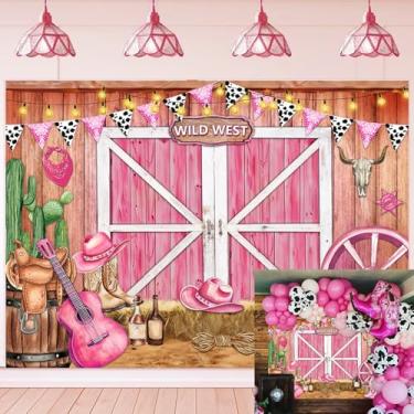 Imagem de Pano de fundo de vaqueira rosa vaqueira ocidental selvagem oeste de madeira porta de celeiro para decoração de festa de aniversário com tema ocidental (240 x 180 cm)