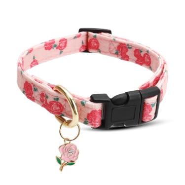 Imagem de Linda coleira de algodão para cães pequenos, médios e grandes, design especial com pingente de flor rosa fofa para meninas, meninos, machos, fêmeas, cães, coleira para animais de estimação, tecido