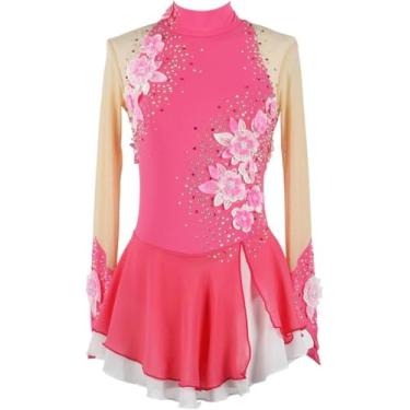 Imagem de Meninas Patinação Artística Vestido Terno De Competição Mulheres Mangas Compridas Strass Ginástica Collant Ballet Dança Outfit, Pink, 3XL