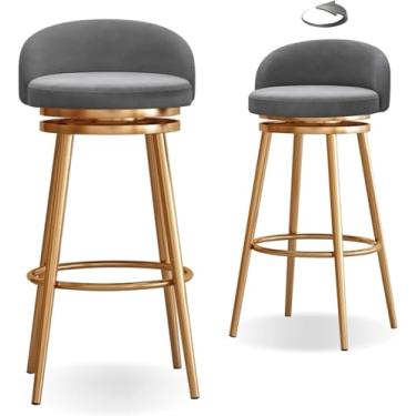 Imagem de Conjunto De 2 Bancos De Bar Cadeiras De Bar Giratórias De 360° Com Assento Estofado Macio, Pernas De Metal Cargas De Bar Até 200kg, Grey, Gold