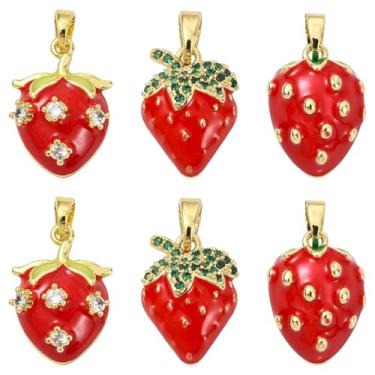 Imagem de UR URLIFEHALL 6 peças, 3 estilos, amuletos esmaltados de latão de morango vermelho, 3D, frutas fofas, pingentes de comida para fazer você mesmo de verão, colar, brincos, joias