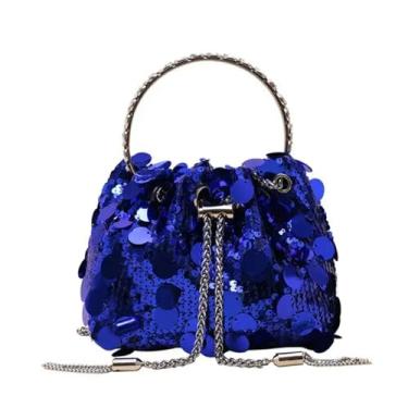 Imagem de Bolsa de ombro de corrente de lantejoulas para presente com alça redonda borla bolsa transversal mini balde brilhante bolsas femininas, Azul