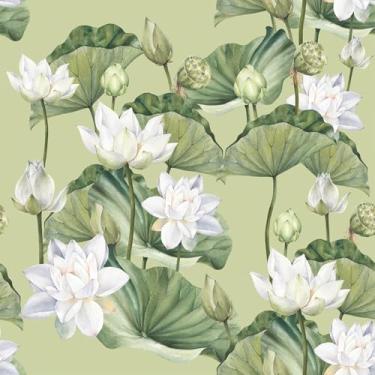 Imagem de VEELIKE Papel de parede de flor de lótus vintage aquarela verde papel de parede floral para quarto, banheiro, cozinha, 40 x 395 cm, papel de contato floral autoadesivo pré-colado para armários gaveta