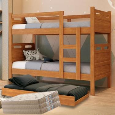 Imagem de Treliche Com Colchões D20, Reforçada, Beliche Barreto com Cama Auxiliar, 3 Colchões D20 Premium, Multifuncional, 3 Camas (Nature)