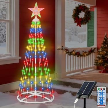 Imagem de Luzes solares de 1,5 m de 154 LED, cone de árvore de Natal, 8 modos de temporizador, controle remoto, RGB para árvore de Natal com topo de estrela para decoração de Natal, quintal, varanda, pátio