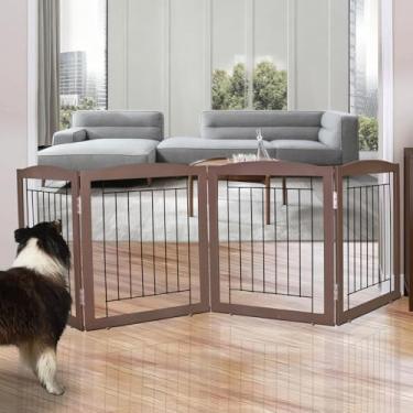 Imagem de ZJSF Portão dobrável independente para casa, extragrande, de madeira, marrom, para ambientes internos, portões para cães, portões altos para animais de estimação, 4 painéis, cerca