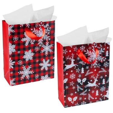 Imagem de RACHELLE'S Sacos de presente de Natal xadrez – Pequeno 23 x 17,8 x 7,6 cm – Pacote com 2 sacos de presente de papel resistente com papel de seda, etiqueta e alça - Perfeito para presentes de Natal e