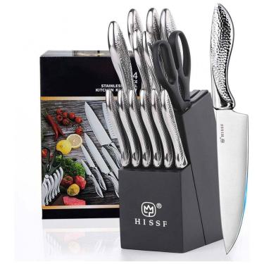 Imagem de Conjunto de Facas em Aço Inoxidável com Bloco de Bancada e Afiador Embutido, 14 Peças, HISSF, Prata