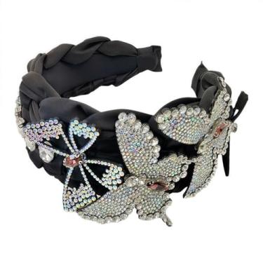 Imagem de XSKL Fitas de cabelo enfeitadas com borboleta de strass, faixas de cabelo trançadas largas para mulheres, acessórios de cabelo modernos perfeitos para casamentos, galas e eventos formais (preto, M)