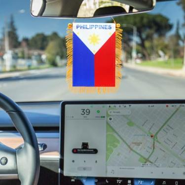 Imagem de Bandeira para pendurar na janela das Filipinas de 10 x 15 cm - Mini bandeira e decoração de espelho retrovisor de carro - Franja e dupla face - Bandeira suspensa filipina com ventosa