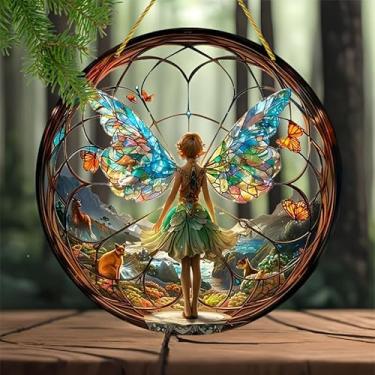 Imagem de Decorações de jardim de fadas de flores 2D asa de anjo estátua de Natal Halloween arte elfo pendurado artesanato para quintal ao ar livre pátio gramado pátio janela ornamento acrílico presente para