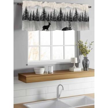 Imagem de Canguru para janela de veado e rena com bolso para varão, floresta, montanha, retrô, decoração de janela, cortina para cozinha, sala de estar, quarto, 137 x 45,7 cm