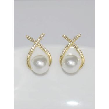 Imagem de 1 par de brincos de cruz requintados elegantes brincos de pérolas femininas joias finas vida diária namoro decoração para festa de formatura, 21.7*13.37mm, Cobre, Sem pedra preciosa