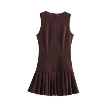 Imagem de Saia Plissada Marrom Vestido Mini Com Recorte 3D Sem Mangas Decote Red