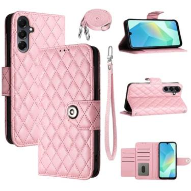 Imagem de Dswteny Capa carteira para Samsung Galaxy A16/A17/A26 5G com alça de ombro de pulso, padrão Argyle PU couro flip porta-cartão capa para celular A 16 17 26 16A 17A 26A 4G SM-A166U meninas mulheres rosa
