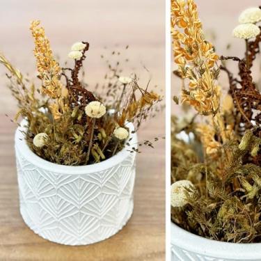 Imagem de Arranjo de Flores Sempre-Vivas Naturais em Vaso Decorativo, 15 cm, Branco com Padrão Art Déco (28)