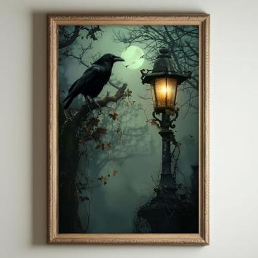 Imagem de Arte de parede em tela de corvo negro, quadro de corvo escuro, pinturas de paisagem gótica, arte de parede de animal mal-humorado, imagem de lua de corvo, vintage, impressões de corvo gótico, lua