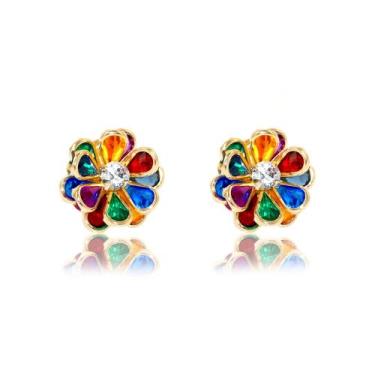 Imagem de Brinco Flor Colorida Banhado A Ouro 18K - Mariah Store Semijoias