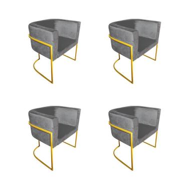 Imagem de Kit 4 Poltronas Decorativa Sala De Estar Base De Ferro Dourada Veludo Cinza