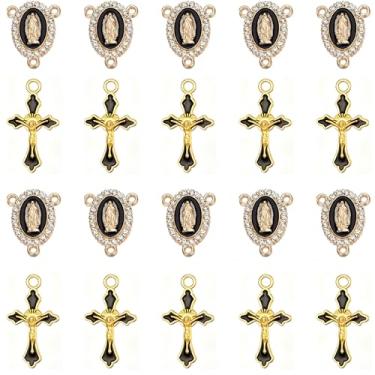 Imagem de Jiali Q Kit de confecção de terço de 60 peças, componentes de joias religiosas em tom dourado com conectores de strass de cristal e pingentes de crucifixo esmaltado, centros de 2,4 x 2,1 cm (preto)