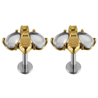 Imagem de Niaspi 2 peças 16G anéis de lábio push in sem rosca para mulheres homens aço inoxidável CZ abelha labret labret brincos cartilagem plana atrás brincos conch helix tragus piercing joias 8 mm, 14g, Aço