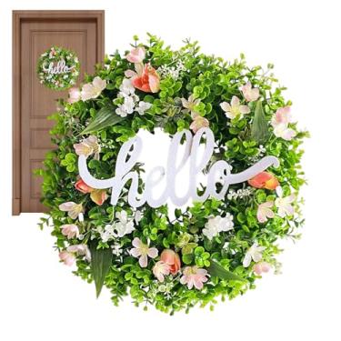 Imagem de Guirlanda de primavera – Guirlanda de vegetação artificial, guirlandas de eucalipto de 45,7 cm com sinal de olá para porta da frente, outono, inverno, Natal, decoração de parede de varanda