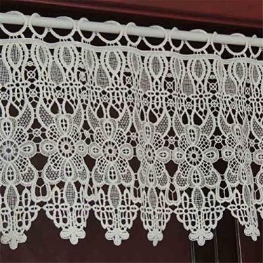 Imagem de LUOFDCLDDD Cortina, bordado feito à mão flor oca crochê saia chique cozinha cortina estilo country bicurtain romântico vintage decoração curta cortina 1 peça/branca/120 cm * 30 cm/119.4 cm*30.5 cm
