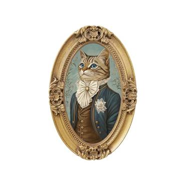 Imagem de MIDEFINCH Arte de parede oval vintage, moldura de ouro barroco em relevo 3D com ilustração de retrato de gato vitoriano, decoração de parede de animal para sala de estar, estudo, quarto, 30,5 x 22 cm