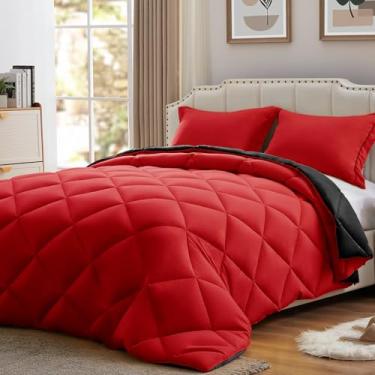 Imagem de NexHome Conjunto de edredom Queen, preto e vermelho, 3 peças, edredom leve, tamanho queen, reversível, conjunto de cama alternativo, cobertor de cama (203 x 203 cm, edredom e 2 fronhas)