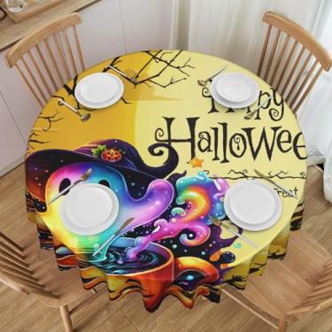 Imagem de Toalha de mesa redonda com caldeirão mágico de Halloween Ghosts à prova d'água, lavável, 152 cm, capa de mesa circular, protetor de mesa para jantar, cozinha, festa, pátio, decoração interna e externa