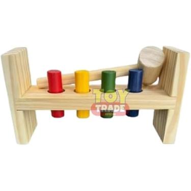 Imagem de Bate Pinos Grande de Madeira com Martelo - Brinquedo Educativo Pedagógico Resistente