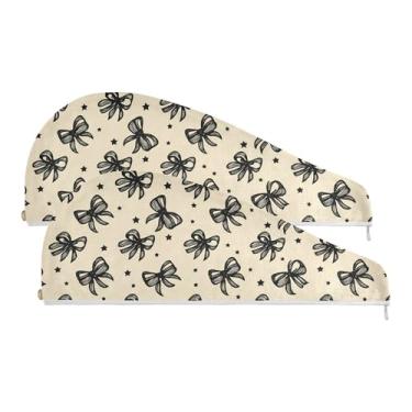 Imagem de SEHANY Lindo laço preto microfibra toalha de cabelo para mulheres 2 peças turbantes de cabelo de secagem rápida com botão, touca de cabelo seco absorvente toalha de secagem de cabelo para cabelos