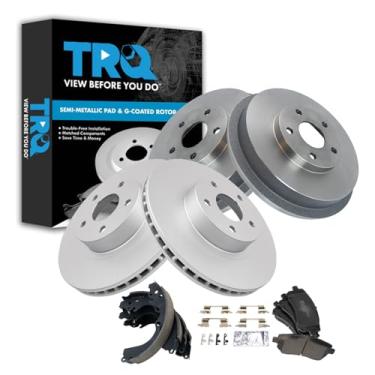 Imagem de TRQ Pastilha de freio dianteiro e traseiro e rotor, kit de sapata e tambor semi-metálico revestido com G premium compatível com Subaru Forester 1998-2002