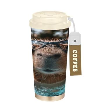 Imagem de STAYTOP Caneca de café de viagem com isolamento térmico de capivara fofa de 500 ml, copo de café reutilizável de aço inoxidável com tampa flip à prova de vazamento à prova de vazamento para escritório