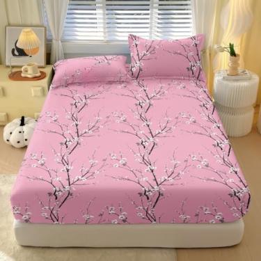 Imagem de Jogo de Lençol com Elástico Estampado Tropical 400 Fios Para Cama Solteiro Casal Queen Micropercal Estampado(Cerejeira,SOLTEIRO 2 Peças)