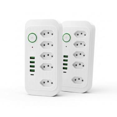 Imagem de Filtro de Linha Inteligente com 5 Tomadas 4 USB e 1 Entrada Tipo-C Branco, Extensão de Tomada Carregador de 2 metros, Regua de Energia Branco