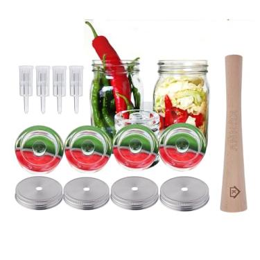 Imagem de Kit completo de fermentação de pote de conserva – chucrute + 4 pesos de vidro + 4 peças de cadeias de ar de água conjunto de fermentação de vegetais – Adequado para frascos de vidro de 86 mm (frascos não incluídos)