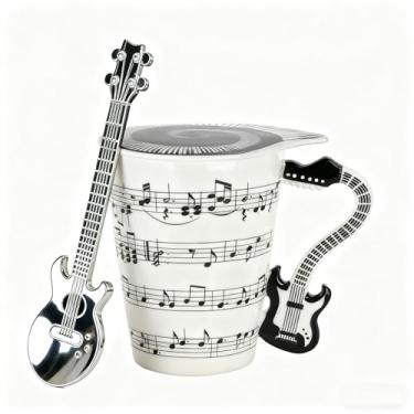 Imagem de Caneca exclusiva de guitarra com tampa temática de música, alça de guitarra e colher - presente de Natal, aniversário, dia das mães, para professores de música e amantes de guitarra (guitarra preta)