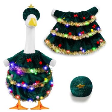 Imagem de VicJasmine Fantasia de Natal para varanda e ganso com luzes, chapéu de estrela, fantasia de Natal para estátua de cimento de 58 cm, decoração de gramado ao ar livre