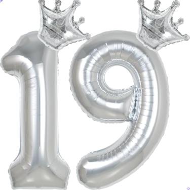 Imagem de 19 balões com números de 101,6 cm prata para decorações de aniversário de 19 anos para homens e mulheres, decoração de aniversário de 19 anos de Mylar gigante para ele e ela
