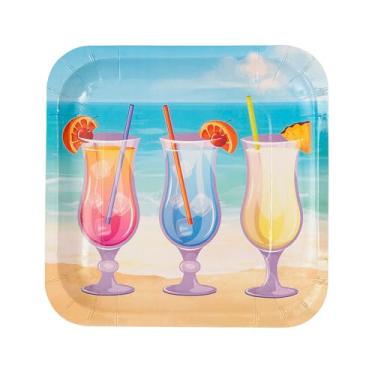 Imagem de Pratos de jantar de papel descartáveis quadrados para coquetel de verão de 24 cm - 8 unidades