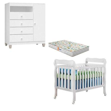Imagem de Berço Americano Lila Com Colchão Gazin E Cômoda Infantil Ternura Baby Branco Brilho - Incorplac