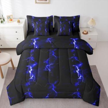 Imagem de Erosebridal Conjunto de edredom masculino preto claro neon para meninos e homens, 7 peças, estampa de relâmpago ombré, para quarto, abstrato, estética, com edredom, decoração de quarto