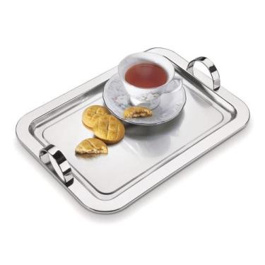 Imagem de Bandeja Retangular De Aço Inox Com Alças 34x25 Café Chá Decorativa Ser