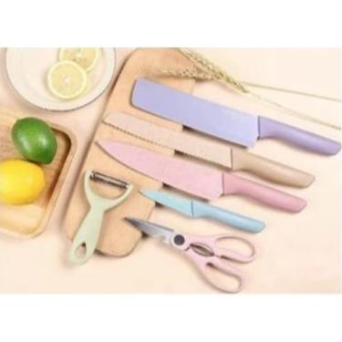 Imagem de Faqueiro 6 Peças em Aço Inox Antiaderente com Descascador e Tesoura – Jogo de Facas para Cozinha e Churrasco Getit Well(kIT 6 FACA COLORIDA)