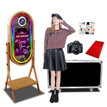 Imagem de Cabine fotográfica oval com espelho mágico, espelho de selfie DSLR de imitação de madeira com tela sensível ao toque de 21,5 polegadas com câmera, mini PC embutido, para aluguel de festa de casamento