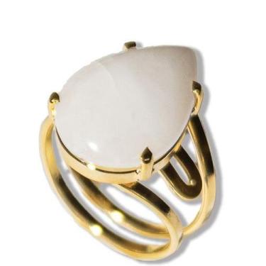 Imagem de Anel Nlux Gota Pedra Quartzo Leitoso Natural com Garra Dourada - Ajust